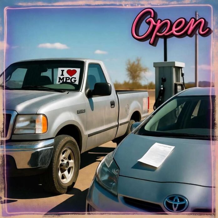 Beat-up F-150 and shiny Prius at dusty gas station, neon 