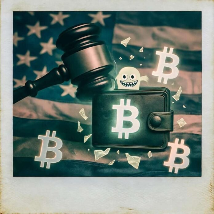 Gavel smashes Bitcoin wallet; shards scatter over faded flag with grinning monster.