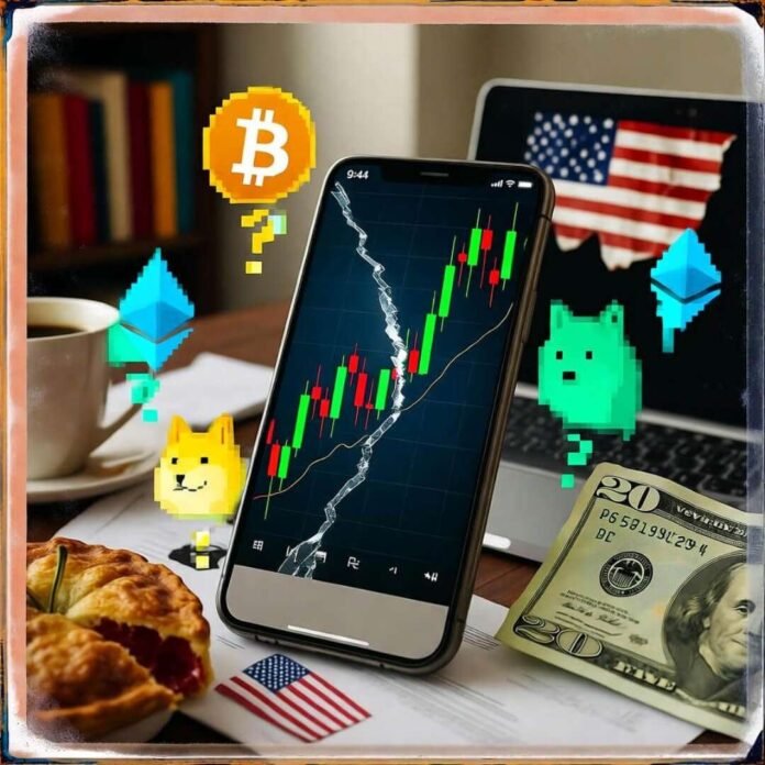 Cracked phone with Bitcoin chart, pie, cash, flag laptop, pixel ghosts, vintage glitch.