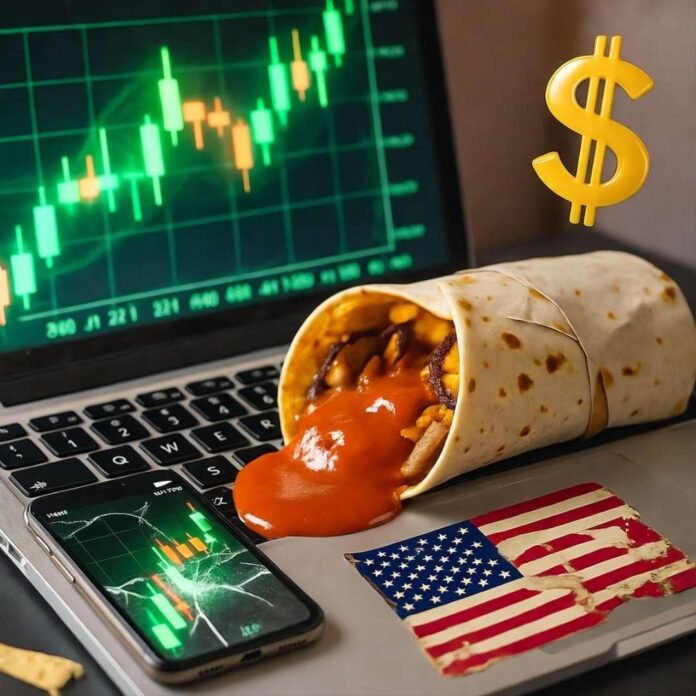 Half-eaten burrito spills sauce on laptop; cracked phone shows green chart, deflating dollar balloon.