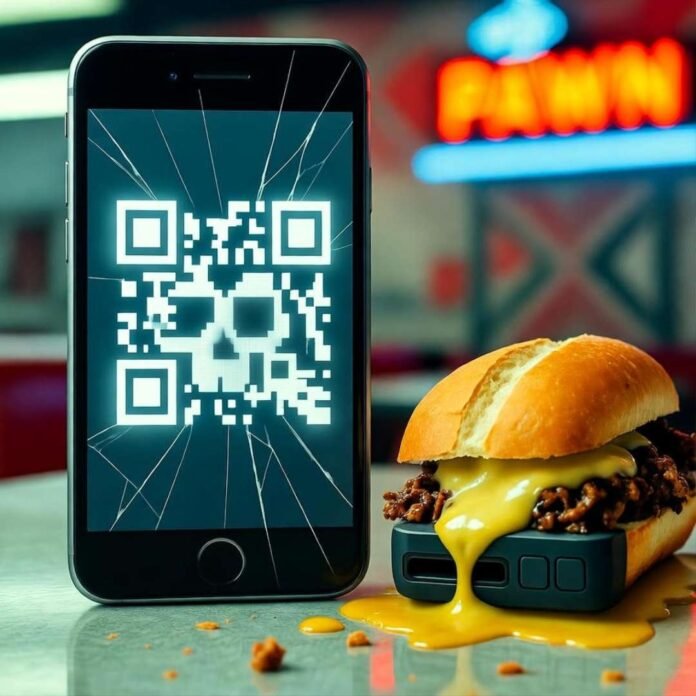 Cracked phone with skull QR code beside cheesesteak dripping on hardware wallet.