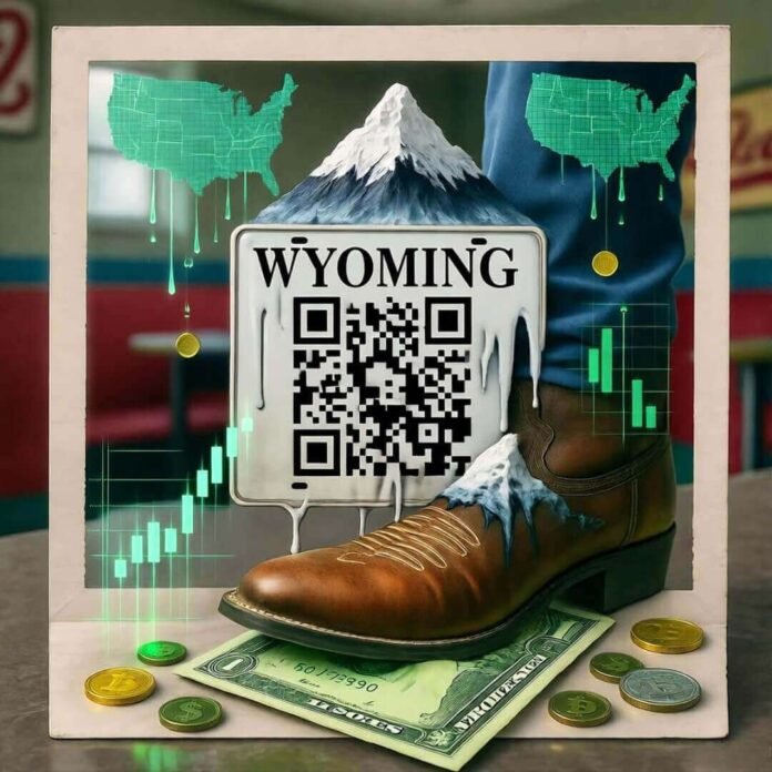 Wyoming QR plate, melting mountain drips Bitcoin, boot crushes dollar: 