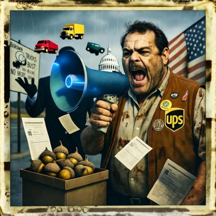 Burly UPS striker shouts into glowing Capitol-dome megaphone amid pay stubs and acorns.