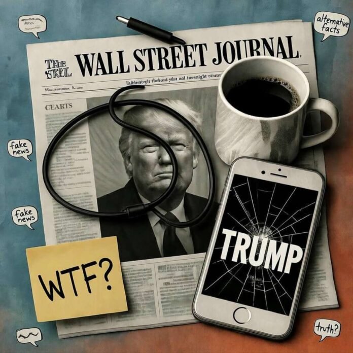 Crumpled WSJ tangled in cable, cracked Trump phone, spilled coffee, WTF note, fake news bubbles.