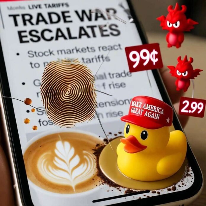 Cracked phone shows tariff panic; MAGA duck floats in latte amid neon dragon price tags.