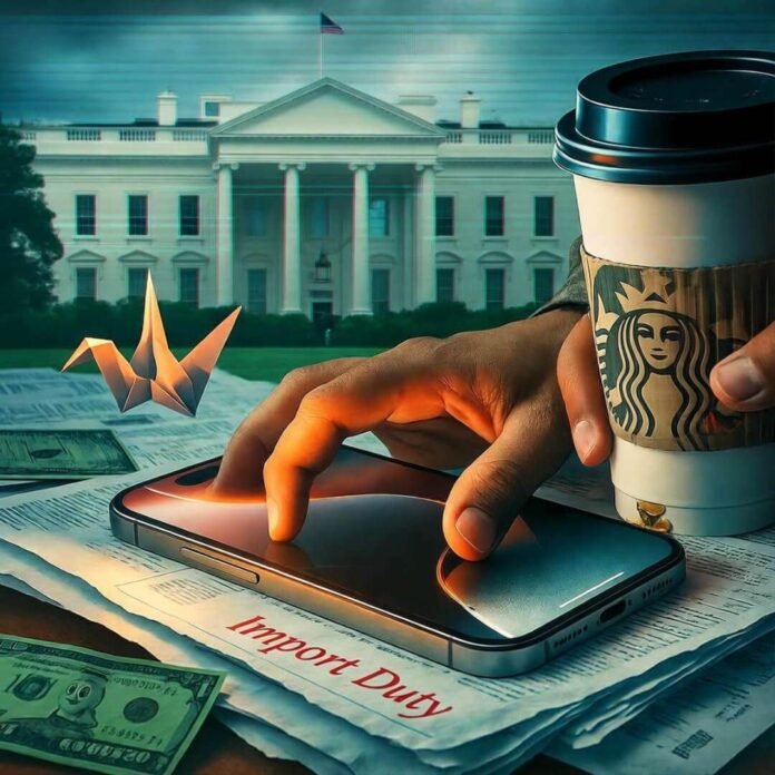 Hand grabs iPhone buried in tariff papers, coffee leaks, White House glitches behind.