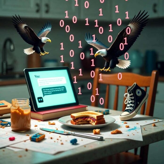 Half-eaten PB&J beside glowing AI tablet; sneaker dangles, binary eagles float in neon chaos.