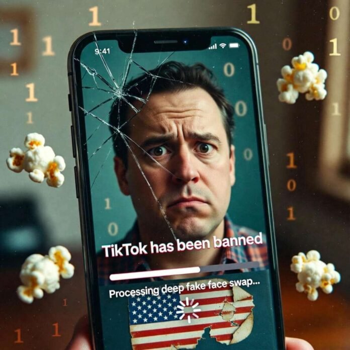 Cracked phone shows TikTok ban morphing into confused dad's deep fake face.