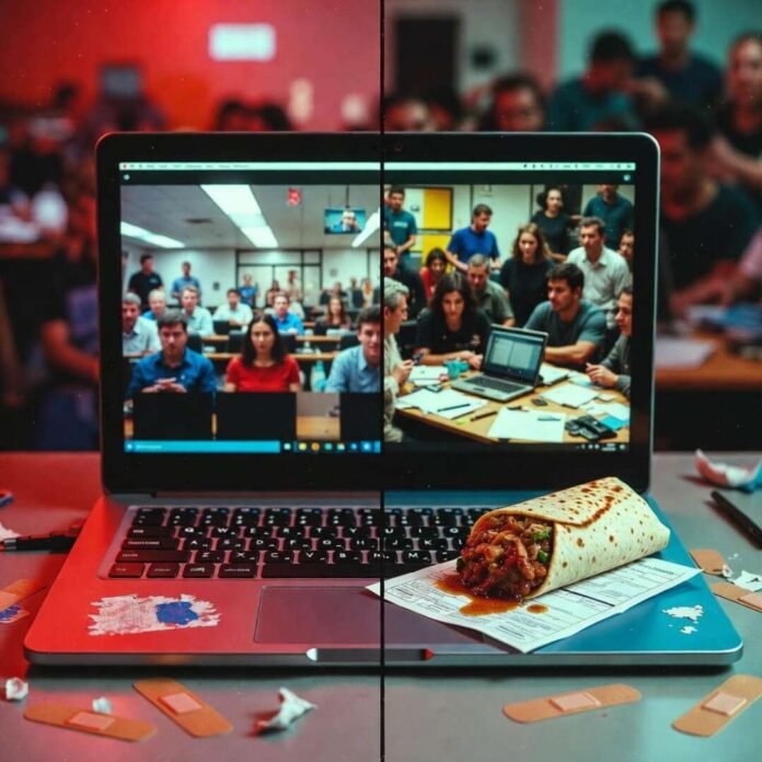 Split laptop screen: Zoom class vs. crowded desks; burrito spills on ballot. Wry exhaustion.