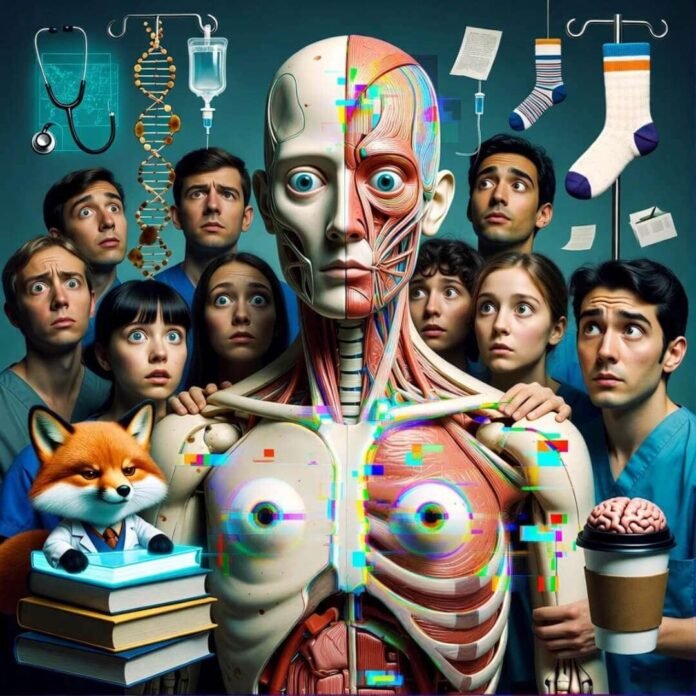 Wide-eyed med students crowd oversized anatomical model with glitchy fox mascot.