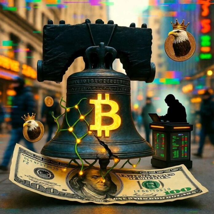 Cracked Liberty Bell morphs into glowing Bitcoin over dollar bill with eagle coins.