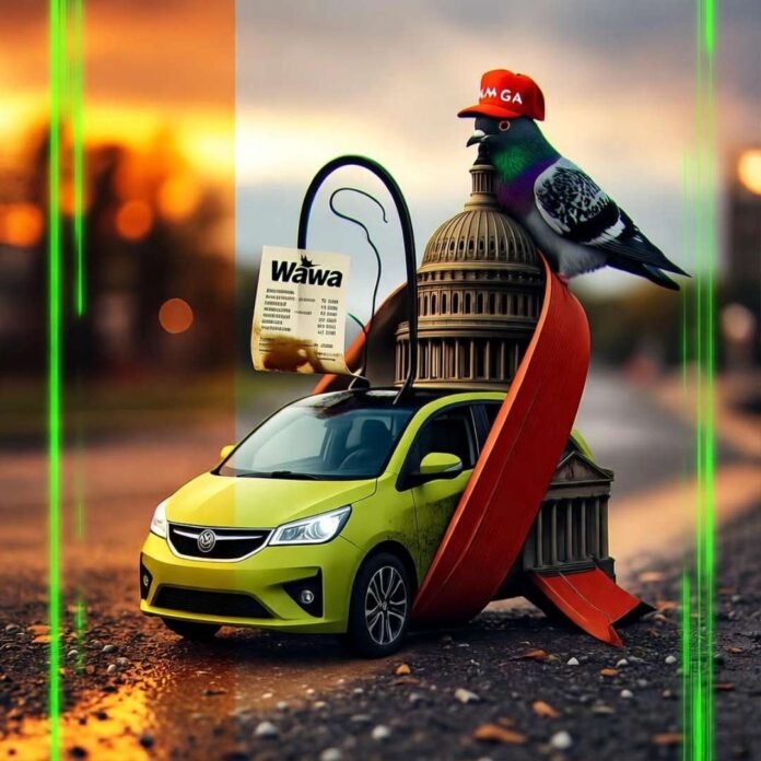 Lime-green microcar wedged in Capitol-ribbon, MAGA pigeon panics, Wawa receipt flaps. Neon-glitch Polaroid.
