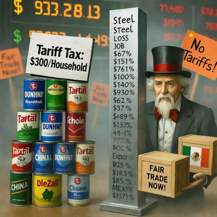 Uncle Sam eyes tariff-labeled cans beside steel beam with job stats, amid ghostly protest signs.