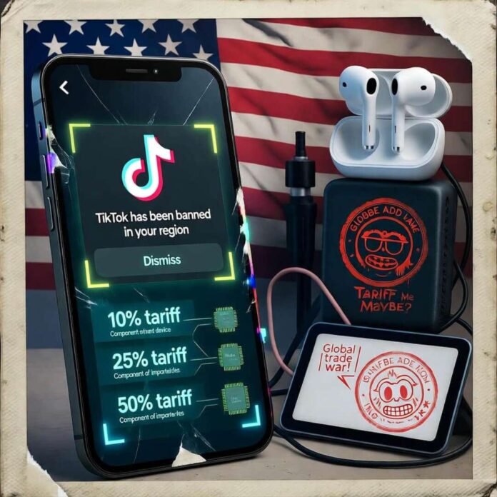 Cracked phone shows TikTok ban, tariff stamps on gadgets under faded flag.