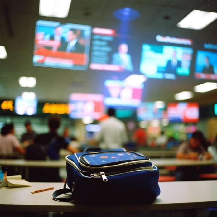Blue backpack on cafeteria table, holographic news screens glowing in blurry background.