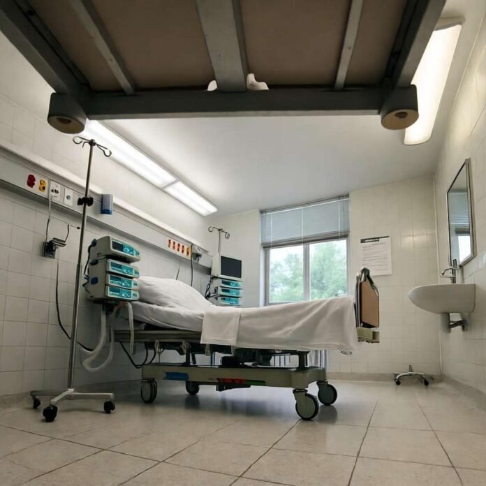 Low-angle view of empty hospital bed, off-kilter, under-bed perspective.