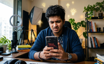 Frustrated creator looking at a downward-trending Instagram graph.