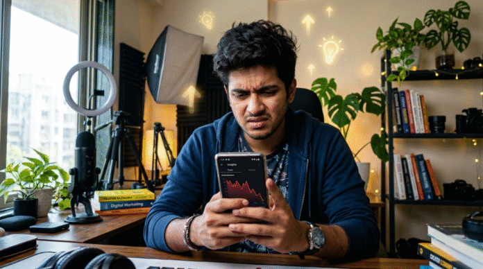 Frustrated creator looking at a downward-trending Instagram graph.