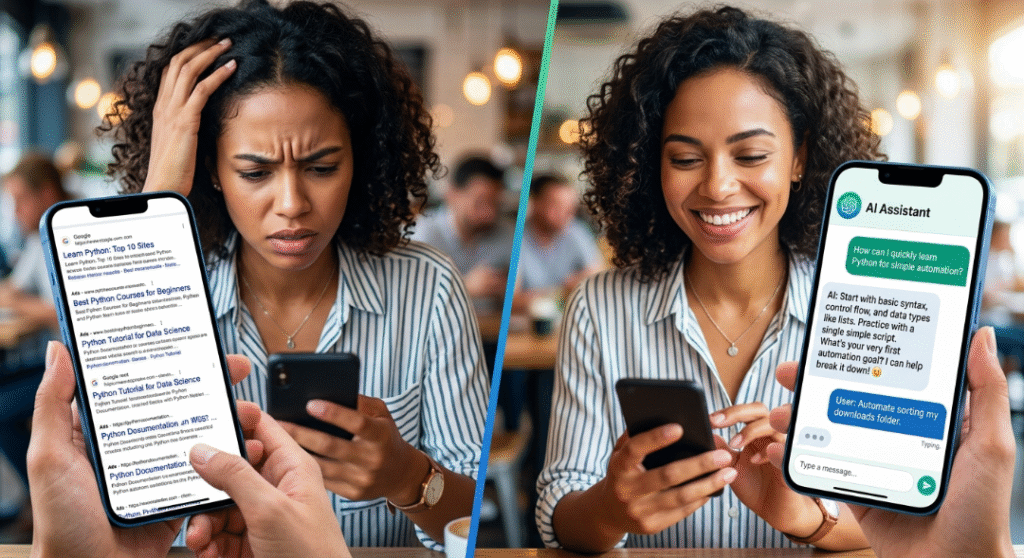 Frustrated Google search vs. relaxed AI chat split comparison.