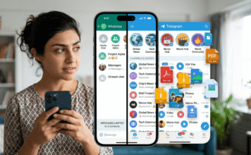 Smartphone split showing WhatsApp and Telegram with a user.