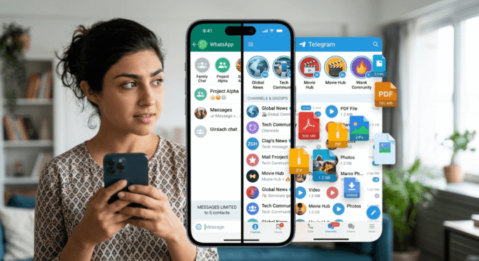 Smartphone split showing WhatsApp and Telegram with a user.
