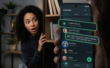 Woman peeking at phone with glowing WhatsApp privacy features.