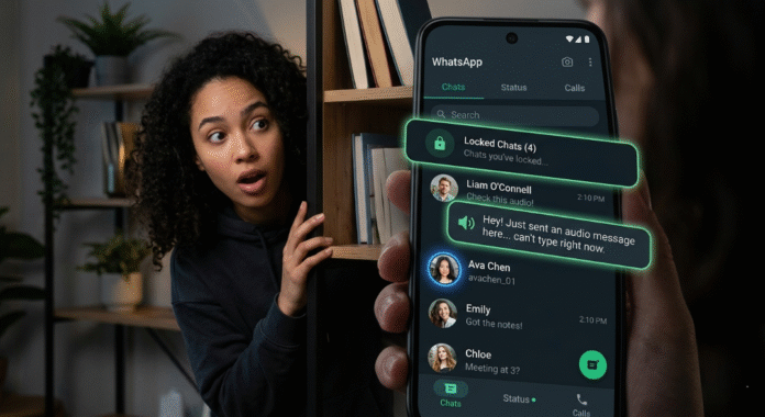 Woman peeking at phone with glowing WhatsApp privacy features.