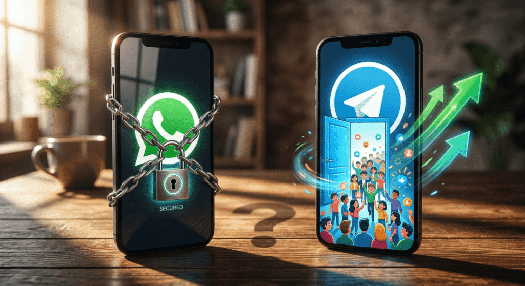 Comparison of WhatsApp and Telegram logos on two smartphones.