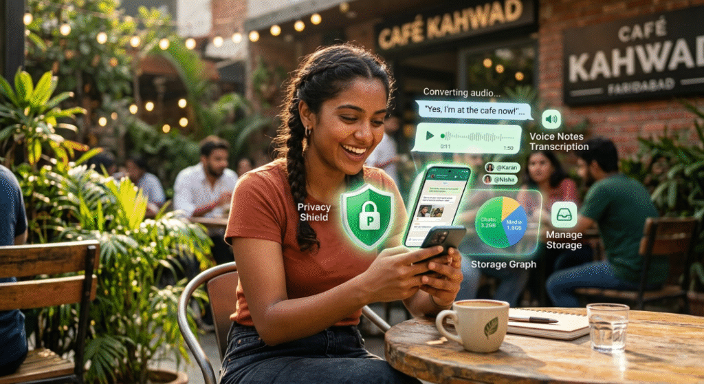 Woman at cafe viewing floating WhatsApp feature icons.